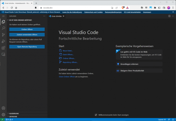 VS Code ist auch als Browser-Applikation verfügbar.