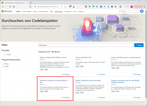 Wordpress on App Services mit MySQL-In-App-Integration als ARM-Vorlage in den Azure Quickstarts.