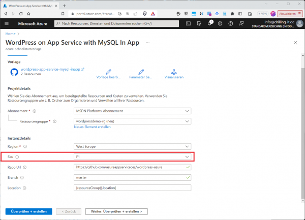 Ein F1-Plan erlaubt das kostenlose Ausprobieren von Azure Web Apps.