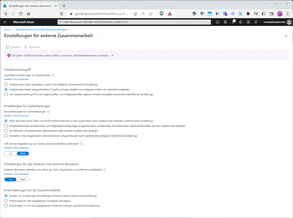 Azure-AD-übergeifend lassen sich der Umfang dessen, was Gäste pauschal dürfen (unabhängig von deren RBAC-Zuweisungen), und die Einstellungen für Gasteinladungen konfigurieren. (Bild: Drilling / Microsoft)