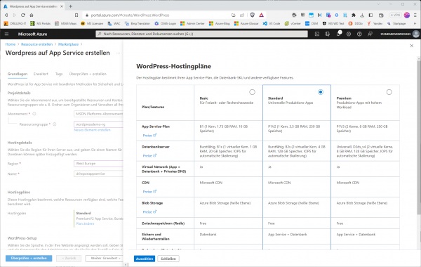 Drei verschiedene WordPress-Hosting-Pläne stellt Microsoft mit vollem Support zur Verfügung.