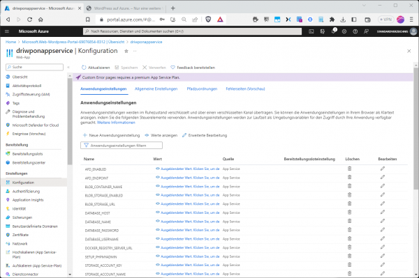 Die Konfiguration u. a. der Integration zwischen App und Datenbank erfolgt mit „Anwendungseinstellungen“.