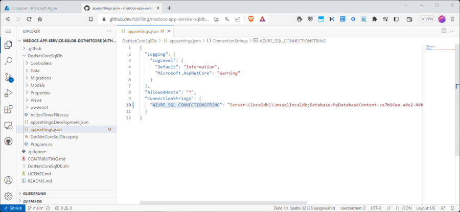 Das Anpassen der appsetting.json direkt in der Online-Version von VS Code.
