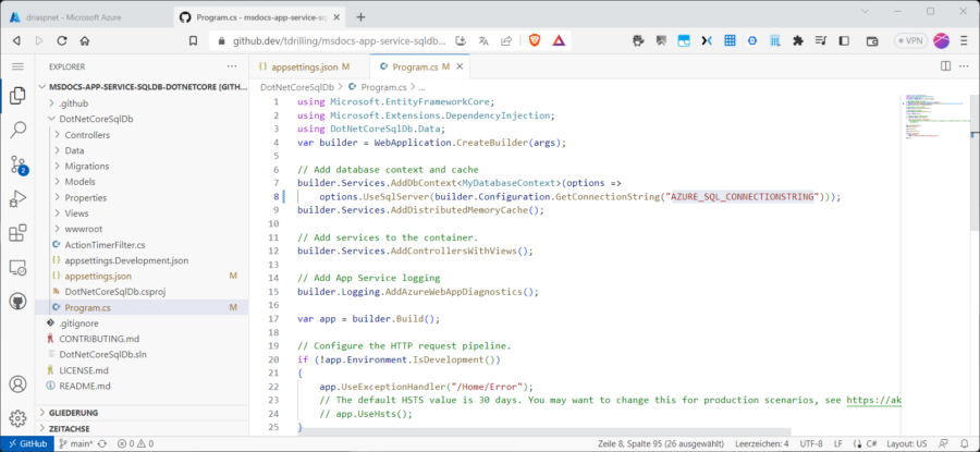 Der Azure_SQL_Connectionsstring muss auch in der Program.cs angepasst warden.