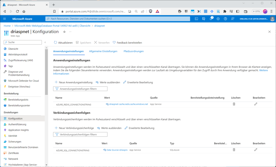 Die Anwendungseinstellungen und Verbindungszeichenfolgen einer WebApp in Azure.