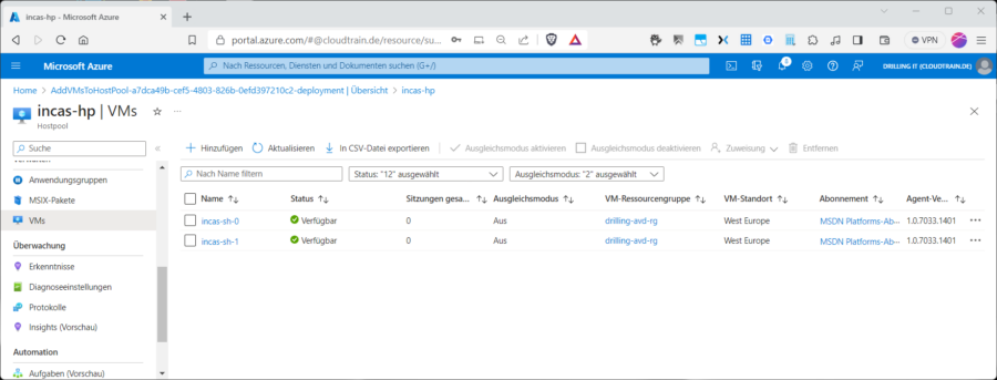 Die VMs eines Hostpools im AVD-Portal