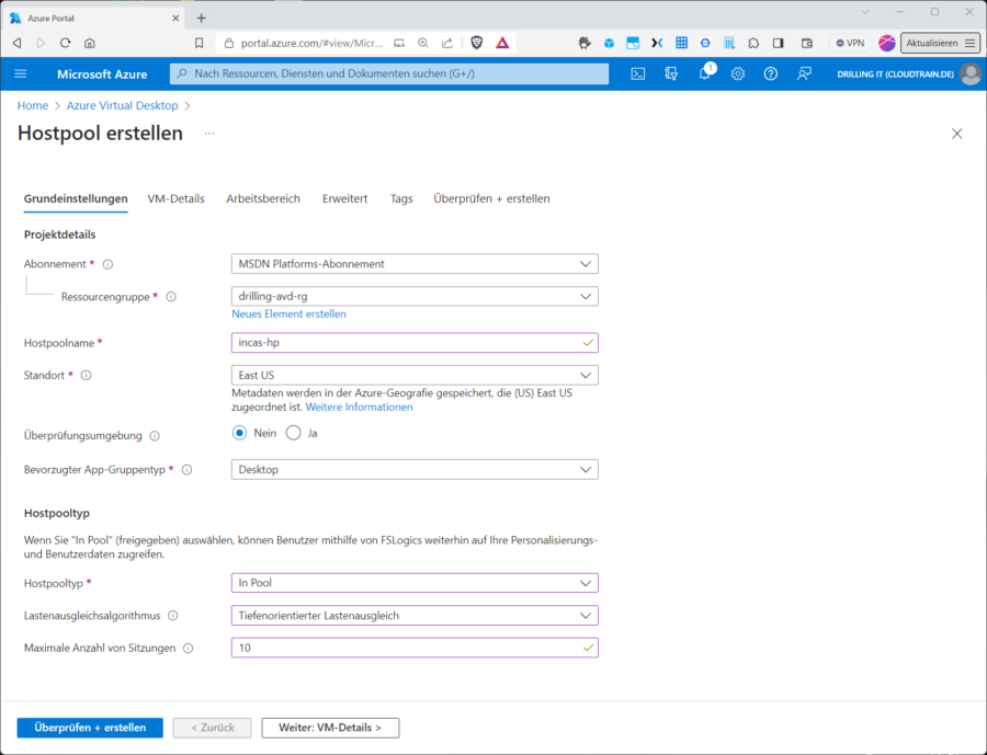 Das Erstellen eines Hostpools. Entscheidend ist der "Hostpooltyp".