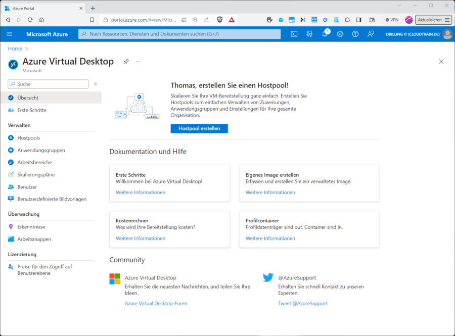 Die Startseite einer AVD-Bereitstellung im Azure-Portal