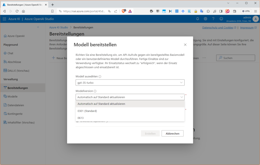 Das Bereitstellen eines neuen Modells in Azure OpenAI.