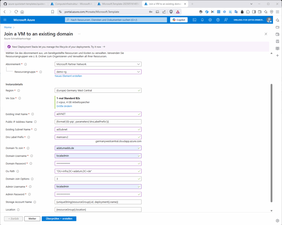Eine Template-basierte (d. h. "deklarative") Bereitstellung einer neuen Azure-VM "inklusive" Betritt zur gewünschten ADDS-Domäne.