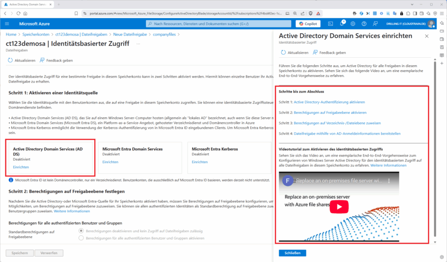 Azure Files unterstützt auch identitätsbasierte Authentifizierung mit ADDS, Entra ID oder Entra ID Domain Services.