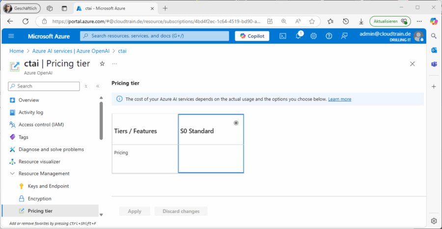 Der Plan für die Azure-OpenAI-Ressource bestimmt den Verbrauchspreis, der über die Azure-Subscription abgerechnet wird.