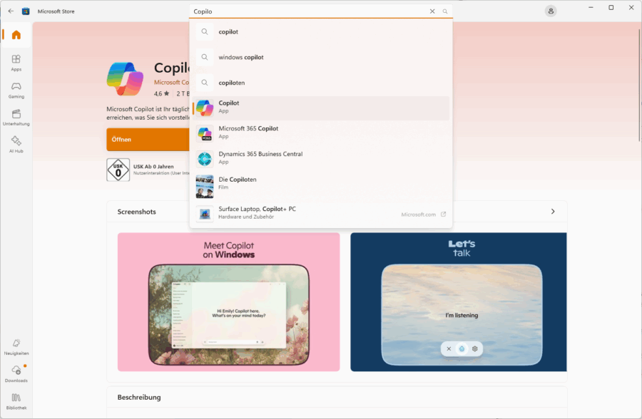 Der Windows Store stellt auch Apps für Copilot und M365 Copilot zur Verfügung.