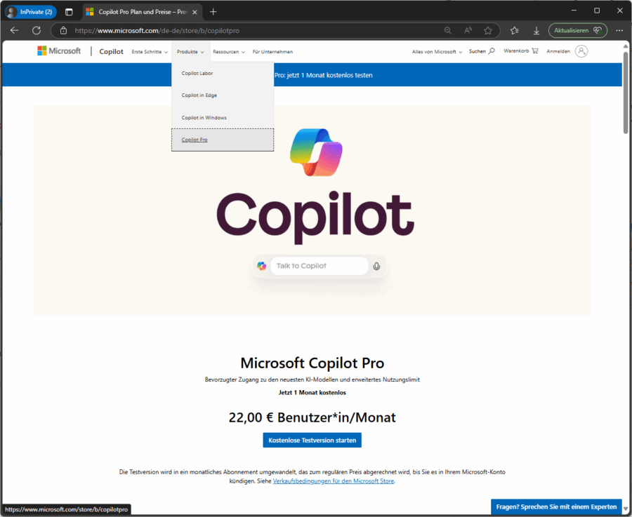 Die Copilot-Startseite erschließt alle weiteren Copiloten.