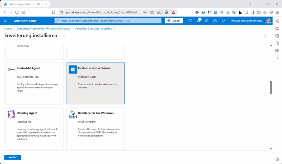 Die "Custom script extension" von Microsoft eignet sich gut zum "Mitgeben" von Powershell-Skripten.