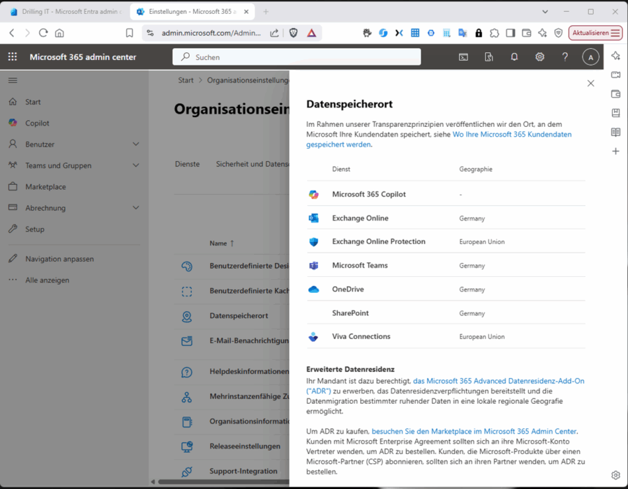 Der Speicherort für Ihre M365-Daten ergibt sich aus dem Standort des Mandanten.