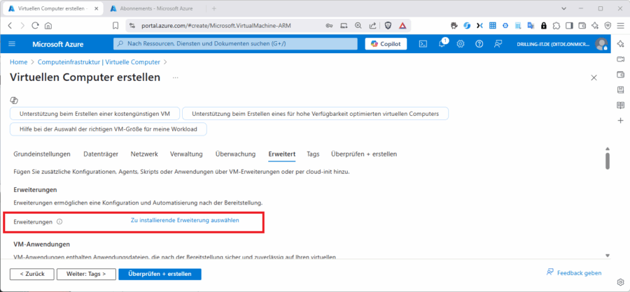 Eine "VM-Extension" lässt sich nicht nur im "Post"-Deployment, sondern auch direkt bei der initialen Bereitstellung einer VM mitgeben.