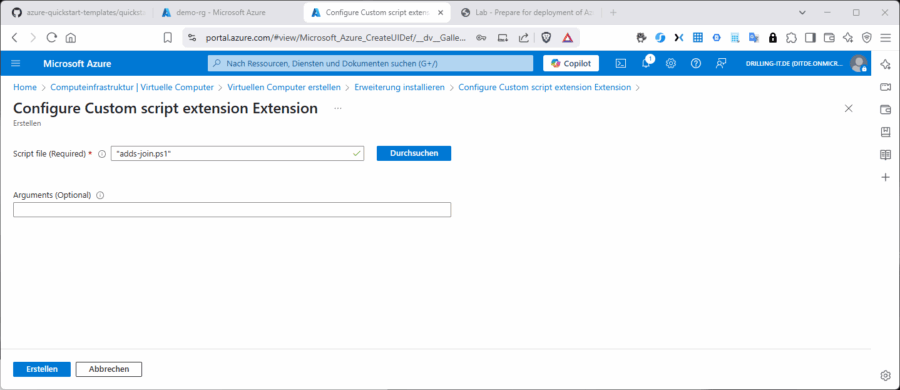 Wurde das Scriptfile ausgewählt, können Sie die VM-Erweiterung "erstellen".