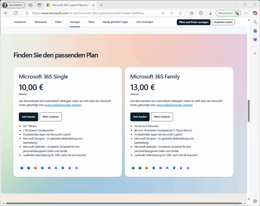 Die M365-Copilot-Tarife für Privatnutzer.