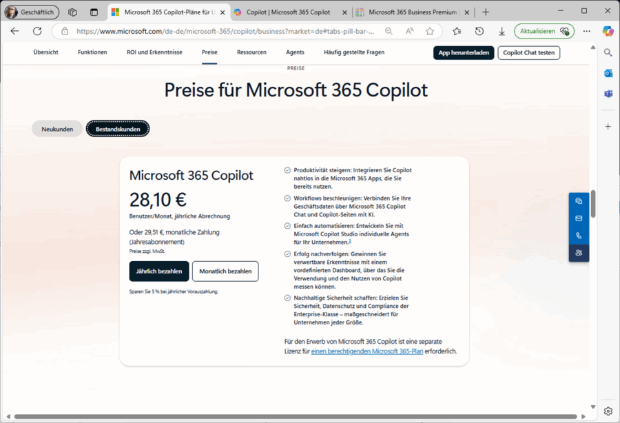 Die Preise für den M365-Copilot für Unternehmen.