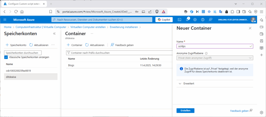 Das per "CustomScript-Extension" bereitzustellende Powershell-Script muss auf einem Blob-Speicher vorliegen.
