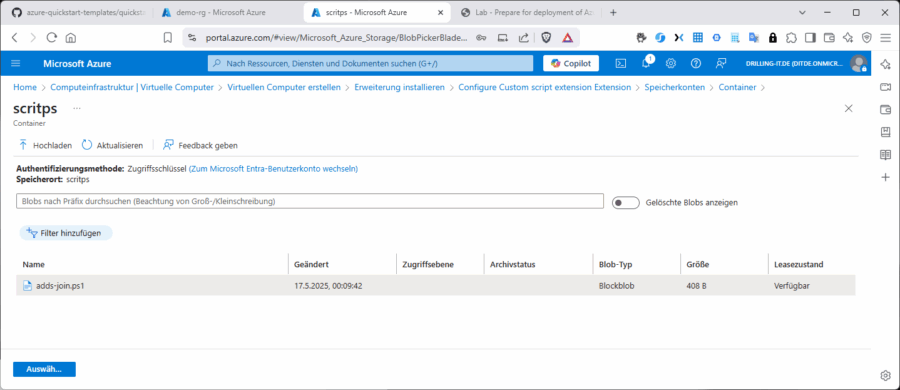 Wurde das Scriptfile vorab in den Blob-Container hochgeladen, können Sie es bei, Bereitstellen der Extension auswählen.