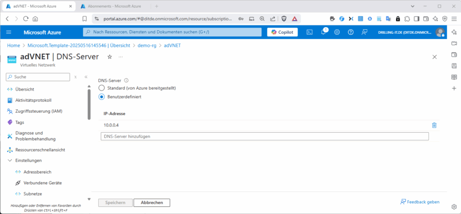 Damit der Domänenbeitritt klappt., müssen die "richtigen" DNS-Server verwendet werden.