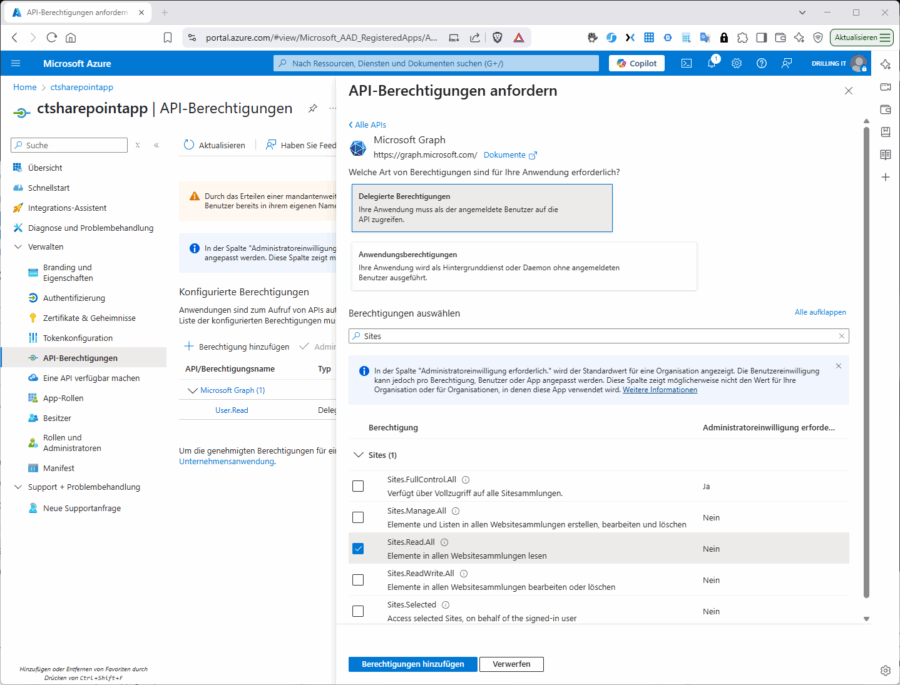 Das Anfordern einer Graph-API-Berechtigung.