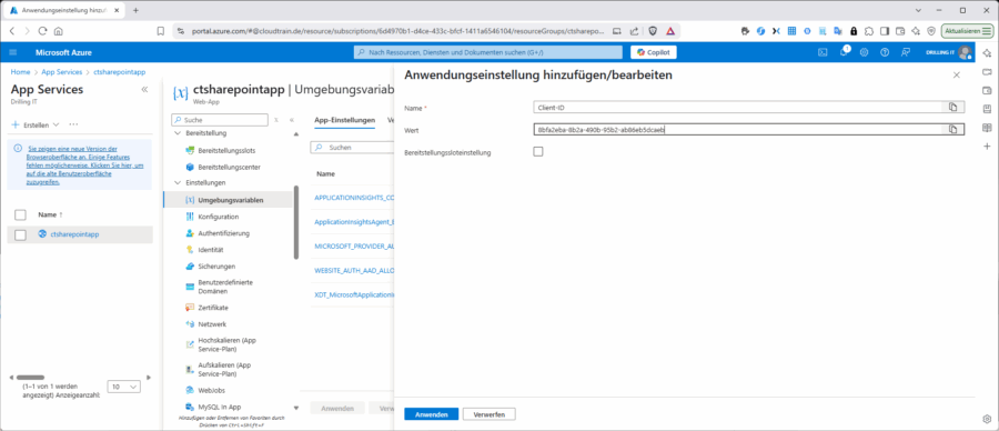 Bei Web-Apps in Azure lassen sich je nach Laufzeitstapel App-Einstellungen sicher hinterlegen, auf die dann aus dem Anwendungscode zugegriffen wird.