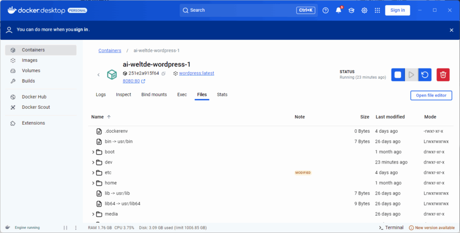 Mit Docker Desktop können Sie beispielsweise auch das Dateisystem des Containers inspizieren.