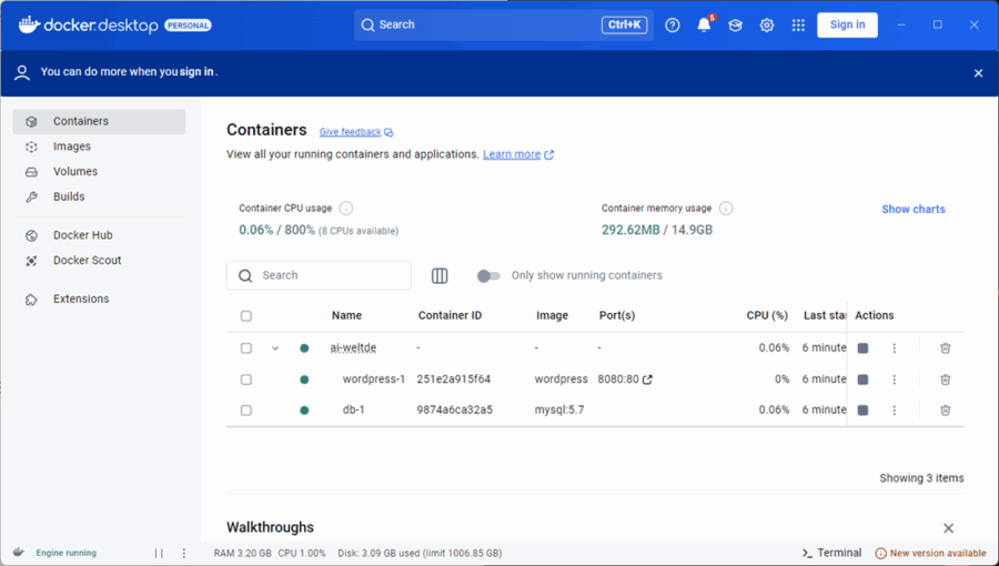 Docker Desktop erlaubt unter Windows eine grafisches Verwalten von Containern.