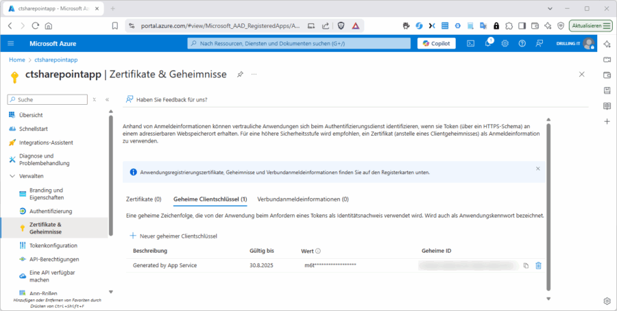 Das Erstellen eines Client-Geheimnisses.