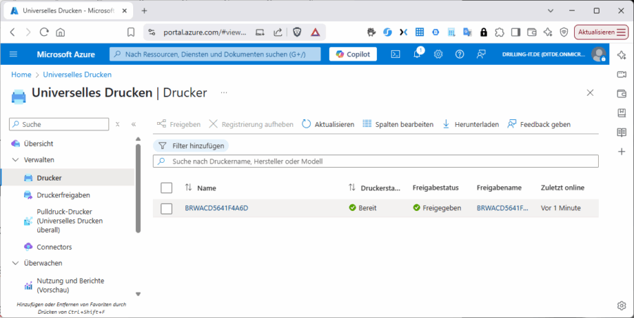 Nach Installation des Connectors erscheinen lokale Drucker in der Cloud.