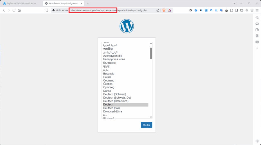 Beim ARM-Deployment müssen Sie nur noch die WordPress-Installation im Browser abschließen.