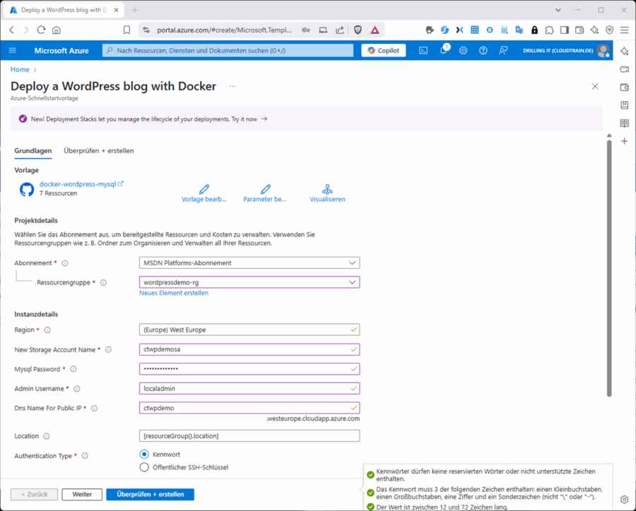 Wordpress mit Docker Compose als ARM-Template.