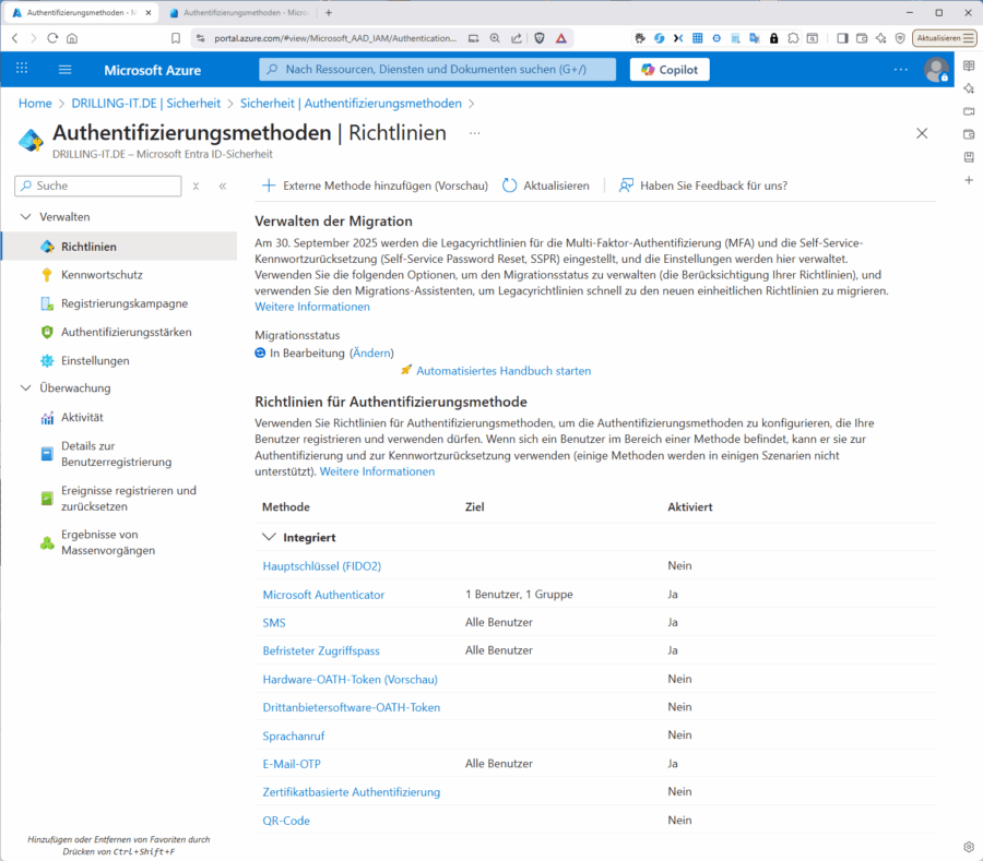 Die vereinheitlichten Authentifizierungsmethoden im Azure Portal.