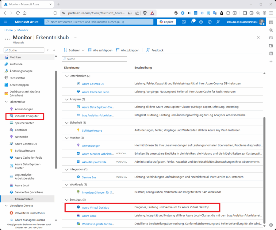 Der Insights-Hub im Azure Monitor liefert noch viele weitere Lösungen.