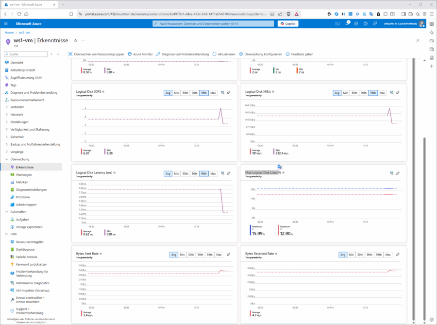 VM Insights liefert zahlreiche vorkonfigurierte Diagramme und Arbeitsmappen mit.