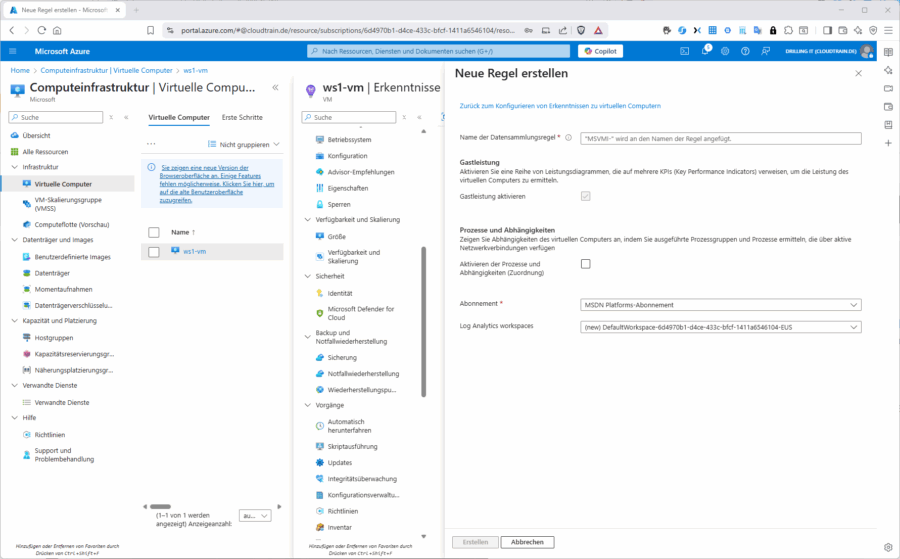 Die Datensammlungsregel und der Log-Analytics-Workspace werden automatisch erstellt.