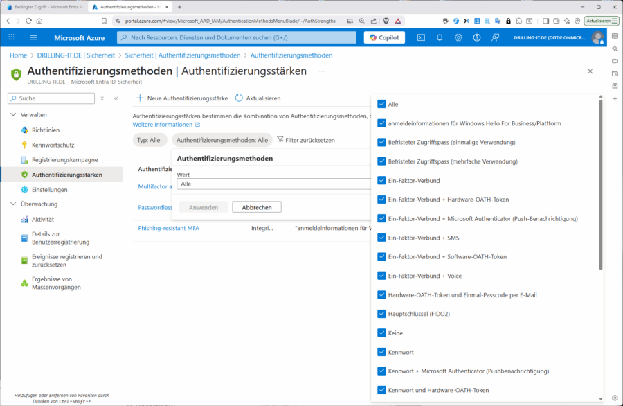 Alle verfügbaren Authentifizierungsstärken.