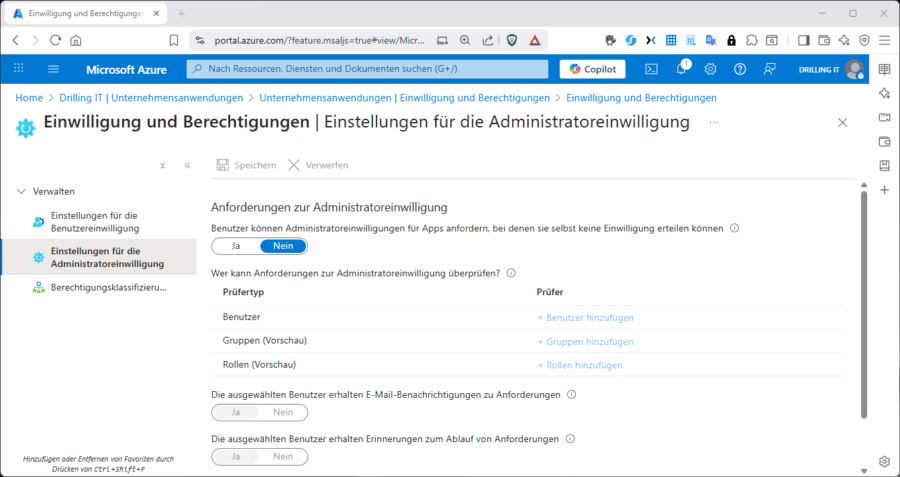 Die Einstellungen zur Administratoreinwilligung.