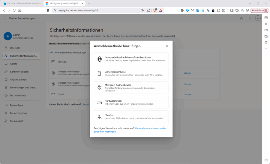 Benutzer verwalten ihre Authentifizierungsmethoden selbst und können genau jene registrieren, die Sie als Admin global erlauben.