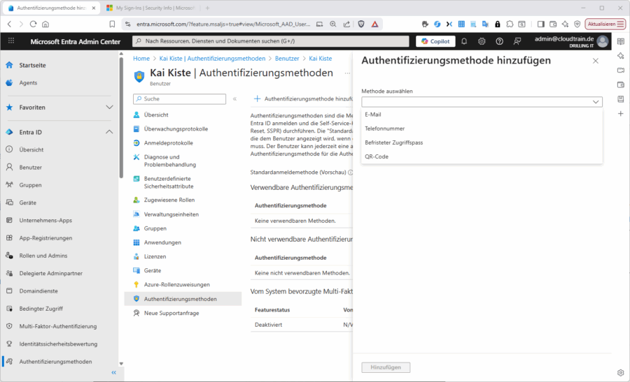 Als Admin können Sie ausgewählte Authentifizierungsmethoden für einen bestimmten Benutzer manuell aktivieren.