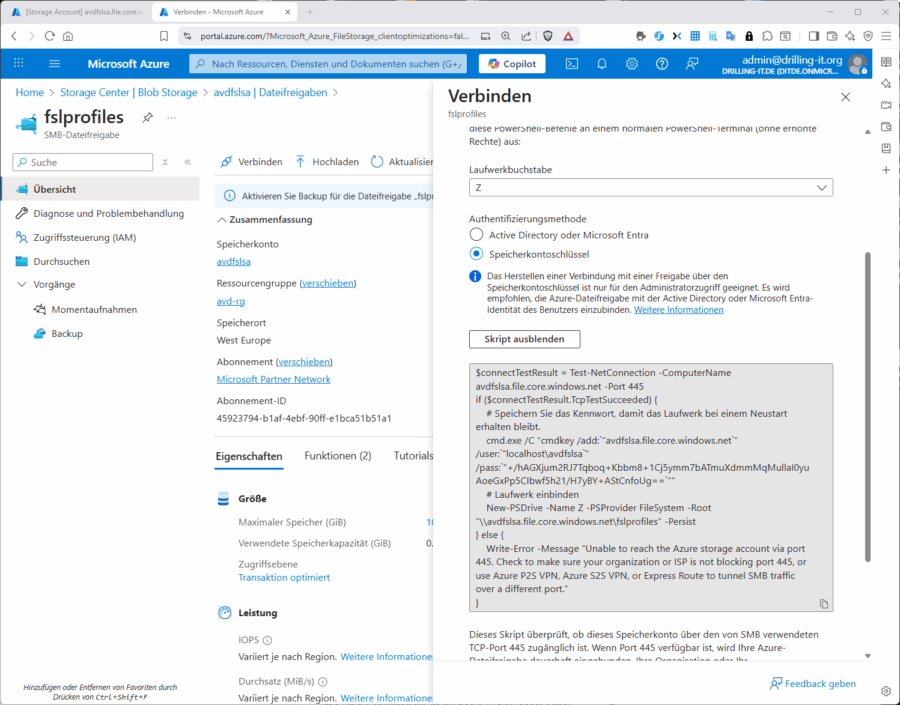 Das temporäre Einbinden der Dateifreigabe mit Hilfe des Kontoschlüssels