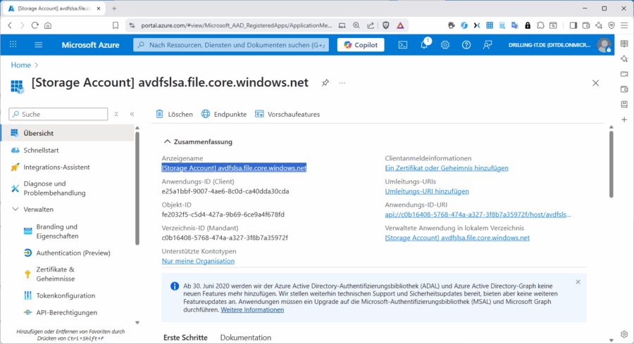 Die App-Registgration/Dienstprinzipal als virtuelle Repräsentation der Dateilfreigabe dient quasi als Ersatz für ein Computerkonto bei Entra Kerberos.
