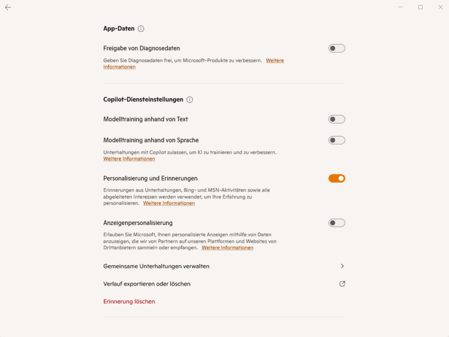 Im Copilot Chat entscheiden Sie selbst, ob das Modell mit ihren Daten trainiert wird im Gegensatz zum M365-Copilot, der das nie tut.