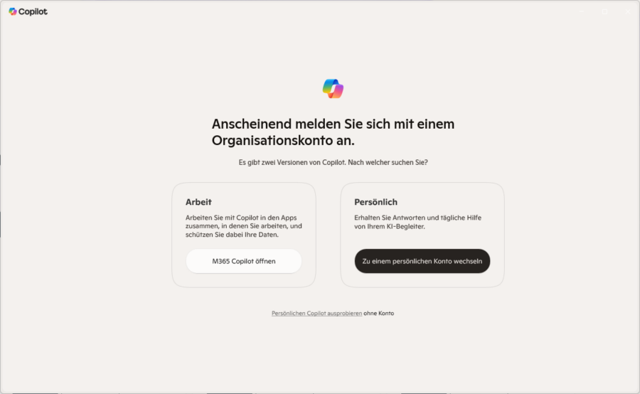 Melden Sie sich mit einem Organisationskonto am Copilot Chat an, bietet er Ihnen die Option, zum M365 Copilot zu wechseln.
