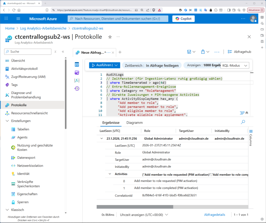 Sie sollte Ihre KQL im LAW, ob es die gewünschten Ergebnisse liefert.