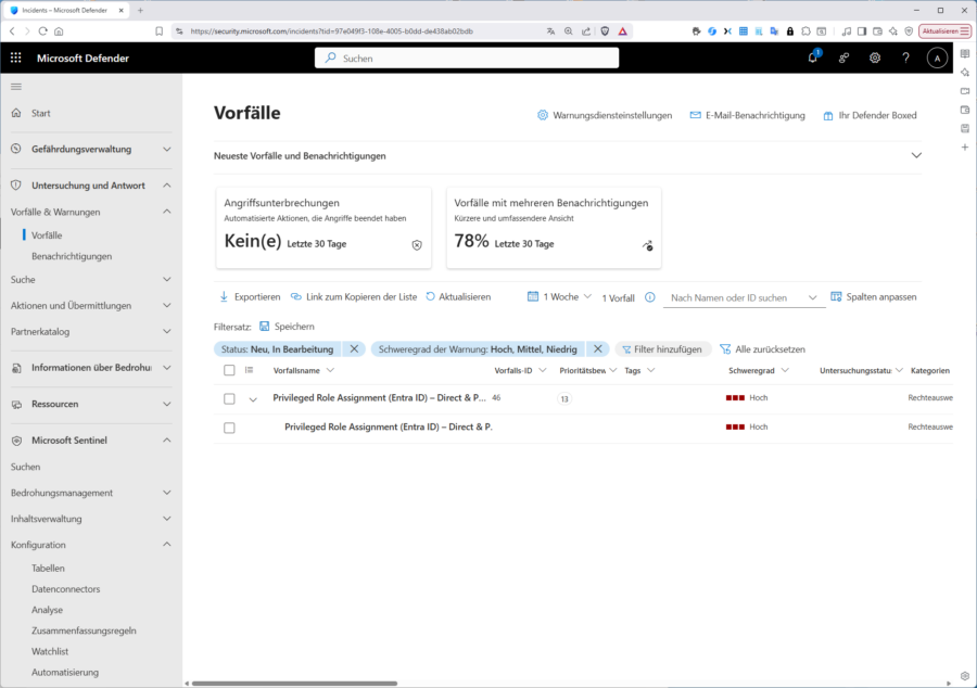 Sentinel-Incidents werden zusammen mit Defender-XDR-Incidents im Defender-Portal unter "Vorfälle&Warnungen" angezeigt.