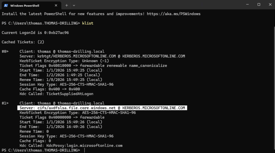 Das Kommando "klist" zeigt alle momentan auf den Client/Sessionhost gecachten Kerberos-Tickets.